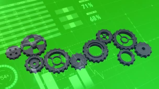 Animation Gears Rotating Graphs Green Background Global Business Finance Digital — 图库视频影像