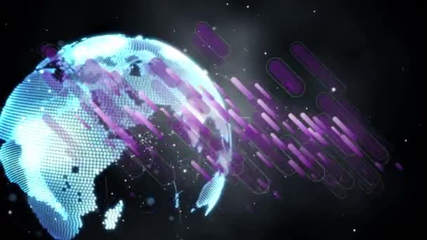 黒の背景の上に接続 紫色の線と地球のネットワークのアニメーション 世界規模の接続 データ処理 デジタルインターフェースの概念デジタル生成ビデオ — ストック動画