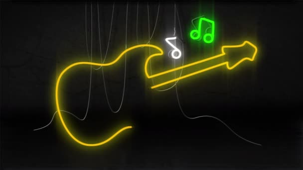 Animatie Van Neon Gitaar Zwarte Achtergrond Mondiaal Concept Voor Sociale — Stockvideo