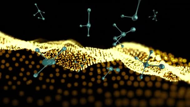 Animaiton Molecules Yellow Glitter Black Background Global Science Medicine Concept — 图库视频影像