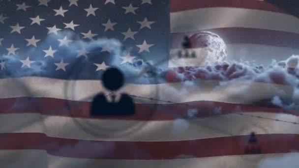 Abd Bayrağı Bulutlu Gökyüzü Üzerindeki Bağlantı Ağı Simgelerinin Animasyonu Sosyal — Stok video