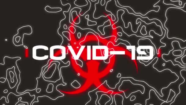 Animacja Tekstu Covid Nad Znakiem Ostrzegawczym Czarnym Tle Globalna Koncepcja — Wideo stockowe