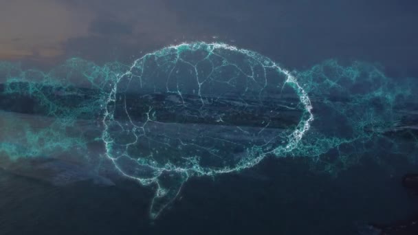 Анімація Людського Мозку Над Морем Глобальна Наука Язки Обробка Даних — стокове відео