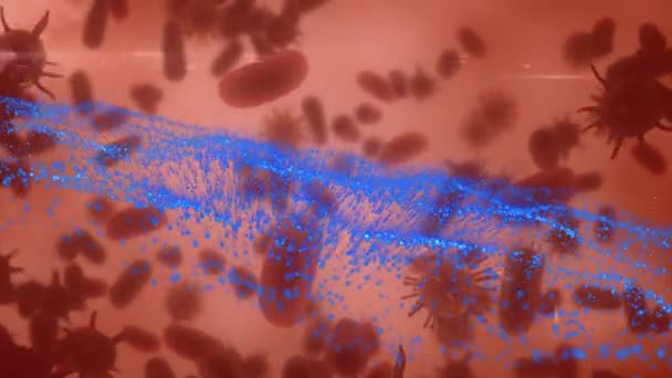 Animation Blue Wave Moving Cells Red Background Global Medicine Healthcare — Stockvideo