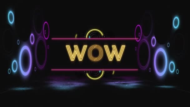 Animation Wow Text Neon Circles Black Background Global Social Media — Stockvideo