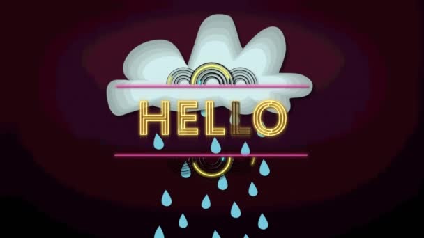 Animation Hello Text Cloud Rain Purple Background Global Social Media — Stockvideo