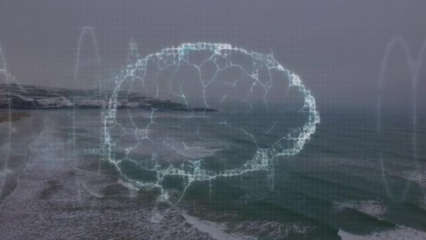 Animacja Ludzkiego Mózgu Nad Krajobrazem Morskim Globalna Nauka Połączenia Przetwarzanie — Wideo stockowe