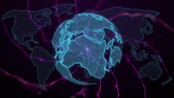 黒を背景に回転する地球と紫の形のアニメーション 世界規模の接続技術とデジタルインターフェースの概念デジタルで生成されたビデオ — ストック動画