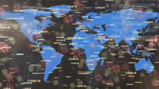 黒い背景に世界地図上に複数のCovid 19テキストを落下させるアニメーション 世界中で流行している19の概念をデジタルで — ストック動画