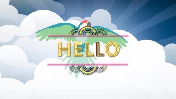 Animation Hello Text Parrot Sky Clouds Global Social Media Connections — Stock Video