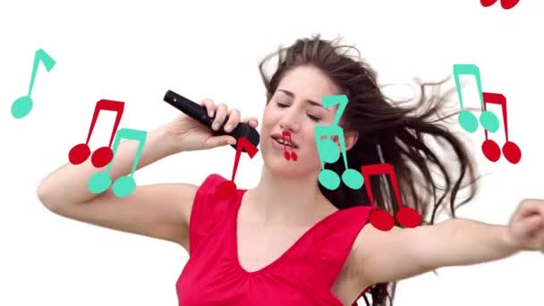 Animacja Notatek Unoszących Się Nad Śpiewającą Białą Kobietą Muzyka Taniec — Wideo stockowe