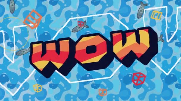 Animation Wow Text Fish Blue Background Global Social Media Connections — 图库视频影像