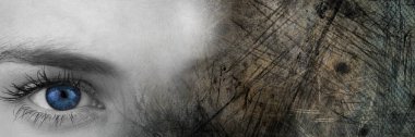Kadın gözünün ve grunge etkisinin birleşik görüntüsü arka planda. Biyometrik tarama teknolojisi kavramı