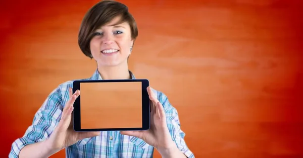 Composite Image Caucasian Woman Holding Digital Tablet Orange Textured Background — 图库照片