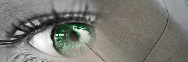 Composite image of close up of a female eye and grunge effect textured background. biometric scanning technology concept