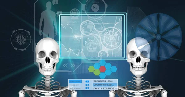 2つの人間の骨格モデルと青い背景を背景に医療データ処理とデジタルインターフェイス 医学研究と技術の概念は — ストック写真