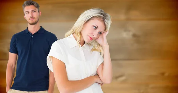 Composite Image Sad Caucasian Couple Looking Away Each Other Wooden — 图库照片