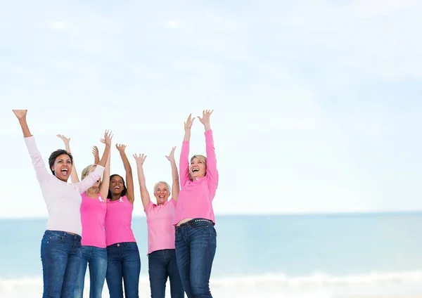 Image Composite Groupe Femmes Diverses Portant Des Chemises Roses Célébrant — Photo