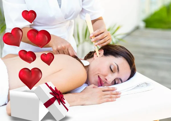 Heart Icons Gift Box Woman Receiving Ear Candle Treatment Spa — Stockfoto