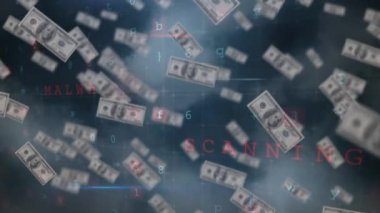 Düşen banknotlar üzerinde veri işleme animasyonu. küresel iş, finans, teknoloji ve bağlantılar konsepti dijital olarak oluşturulmuş video.