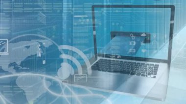 Laptop üzerinden veri işleme animasyonu. küresel bağlantılar, iş dünyası, dijital arayüz, teknoloji ve ağ konsepti dijital olarak oluşturulmuş video.