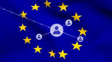 Uue bayrağı üzerinde bağlantı ağının ve simgelerin canlandırılması. Sosyal medya ve iletişim konsepti dijital olarak oluşturulmuş video.