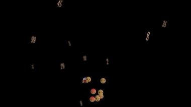 Siyah arkaplanda yüzen harflerin ve emojilerin animasyonu. Sosyal medya, teknoloji ve iletişim konsepti dijital olarak oluşturulmuş video.