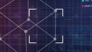 Koyu mavi arka plandaki çeşitli verilerin üzerindeki şekillerin animasyonu. küresel bağlantılar, teknoloji ve dijital arayüz konsepti dijital olarak oluşturulmuş video.