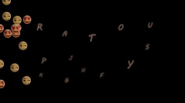 Siyah arkaplanda harflerin üzerinde yüzen emojilerin animasyonu. Sosyal medya, teknoloji ve iletişim konsepti dijital olarak oluşturulmuş video.