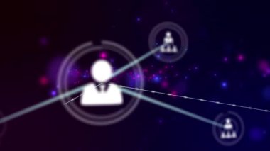 Mor arkaplandaki kullanıcı simgelerinin bağlantı ağının animasyonu. küresel bağlantılar, teknoloji ve dijital arayüz konsepti dijital olarak oluşturulmuş video.