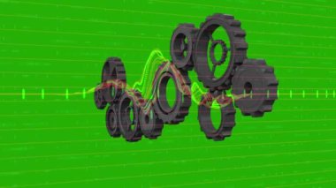 Yeşil zemin üzerinde çeşitli veriler üzerinde dönen dişlilerin animasyonu. küresel iş, finans, dijital arayüz ve teknoloji konsepti dijital olarak oluşturulmuş video.