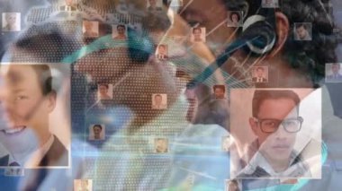 Telefon kulaklığı kullanan iş adamları üzerinden bağlantı ağının animasyonu. küresel bağlantılar, iş dünyası, dijital arayüz, teknoloji ve ağ konsepti dijital olarak oluşturulmuş video.