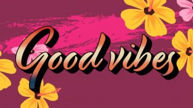 Mor arkaplandaki çiçeklerin üzerindeki iyi titreşimlerin animasyonu. küresel sosyal medya, bağlantılar ve dijital arayüz konsepti dijital olarak oluşturulmuş video.