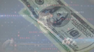 Banknotların üzerinden veri işleme animasyonu. küresel iş, finans, teknoloji ve bağlantılar konsepti dijital olarak oluşturulmuş video.