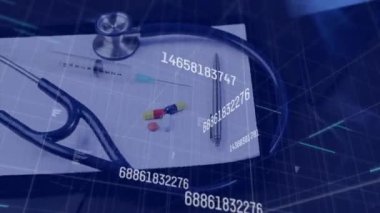 Steteskop ve hapların sayısının artması. covid 19 salgını sırasında dijital olarak üretilen küresel bilim, teknoloji ve veri işleme kavramı.