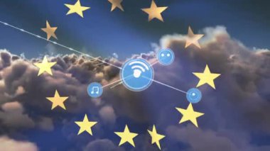 Uue bayrağı ve bulutlu gökyüzü üzerinde bağlantı ağı ve simgelerinin animasyonu. Sosyal medya ve iletişim konsepti dijital olarak oluşturulmuş video.