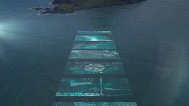 Deniz manzarası üzerinde hareket eden ekranların animasyonu. küresel bilim, bağlantılar, veri işleme ve dijital arayüz kavramı dijital olarak oluşturulmuş video.