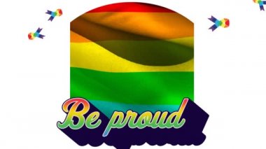 Gurur ve gökkuşağının animasyonu beyaz arka planı kurdelelerle donatır. lgbt haklarını ve dijital olarak oluşturulan cinsiyet eşitliğini desteklemek.