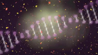 Dönen DNA üzerine düşen konfeti animasyonu. küresel tıp ve dijital arayüz kavramı dijital olarak üretilen video.