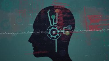 Yeşil arka plandaki çeşitli veriler üzerinde baştaki dönen dişlilerin ve teknoloji simgelerinin animasyonu. küresel iş, finans, dijital arayüz ve teknoloji konsepti dijital olarak oluşturulmuş video.