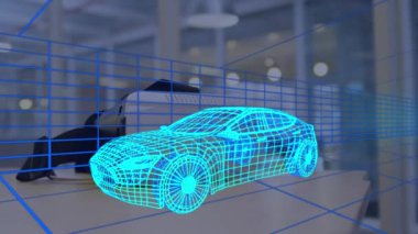 VR kulaklık üzerinden dijital 3D araba çizimi. küresel mühendislik, araba tasarımı, bağlantılar ve dijital arayüz konsepti dijital olarak oluşturulmuş video.