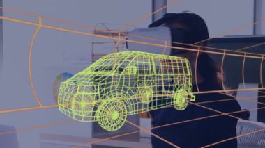 VR kulaklık kullanan bir kadının üzerine dijital 3D araba çizimi animasyonu. küresel mühendislik, araba tasarımı, bağlantılar ve dijital arayüz konsepti dijital olarak oluşturulmuş video.