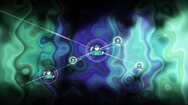 Mavi arkaplandaki kullanıcı simgelerinin bağlantı ağının canlandırılması. küresel bağlantılar, teknoloji ve dijital arayüz konsepti dijital olarak oluşturulmuş video.