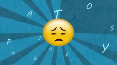 Mavi arka planda hüzünlü bir ifade üzerine harf animasyonu. okul, eğitim ve öğrenim konsepti dijital olarak oluşturulmuş video.