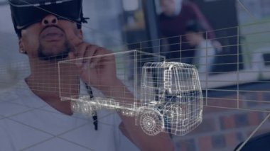 VR kulaklık kullanan adamın üzerine dijital 3D araba çizimi animasyonu. küresel mühendislik, araba tasarımı, bağlantılar ve dijital arayüz konsepti dijital olarak oluşturulmuş video.