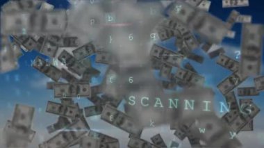 Düşen banknotlar üzerinde veri işleme animasyonu. küresel iş, finans, teknoloji ve bağlantılar konsepti dijital olarak oluşturulmuş video.