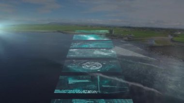 Deniz manzarası üzerinde hareket eden ekranların animasyonu. küresel bilim, bağlantılar, veri işleme ve dijital arayüz kavramı dijital olarak oluşturulmuş video.