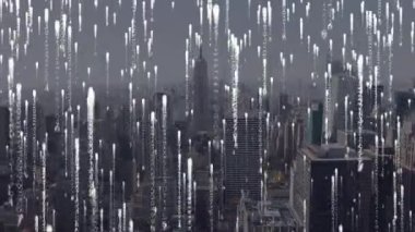 Şehir manzarası üzerinde veri işleme animasyonu. küresel bağlantılar, iş dünyası, dijital arayüz, teknoloji ve ağ konsepti dijital olarak oluşturulmuş video.