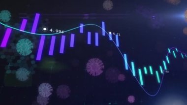 Koyu mavi arkaplandaki virüs hücrelerinin üzerindeki grafiğin animasyonu. küresel covid 19 salgını, bilim ve bağlantılar konsepti dijital olarak oluşturulmuş video.