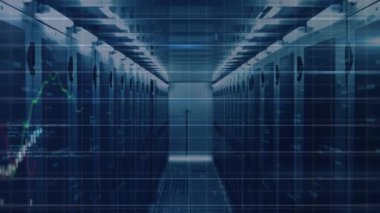 Sunucu odasında finansal veri işleme animasyonu. küresel veri işleme, hesaplama ve dijital arayüz kavramı dijital olarak oluşturulmuş video.